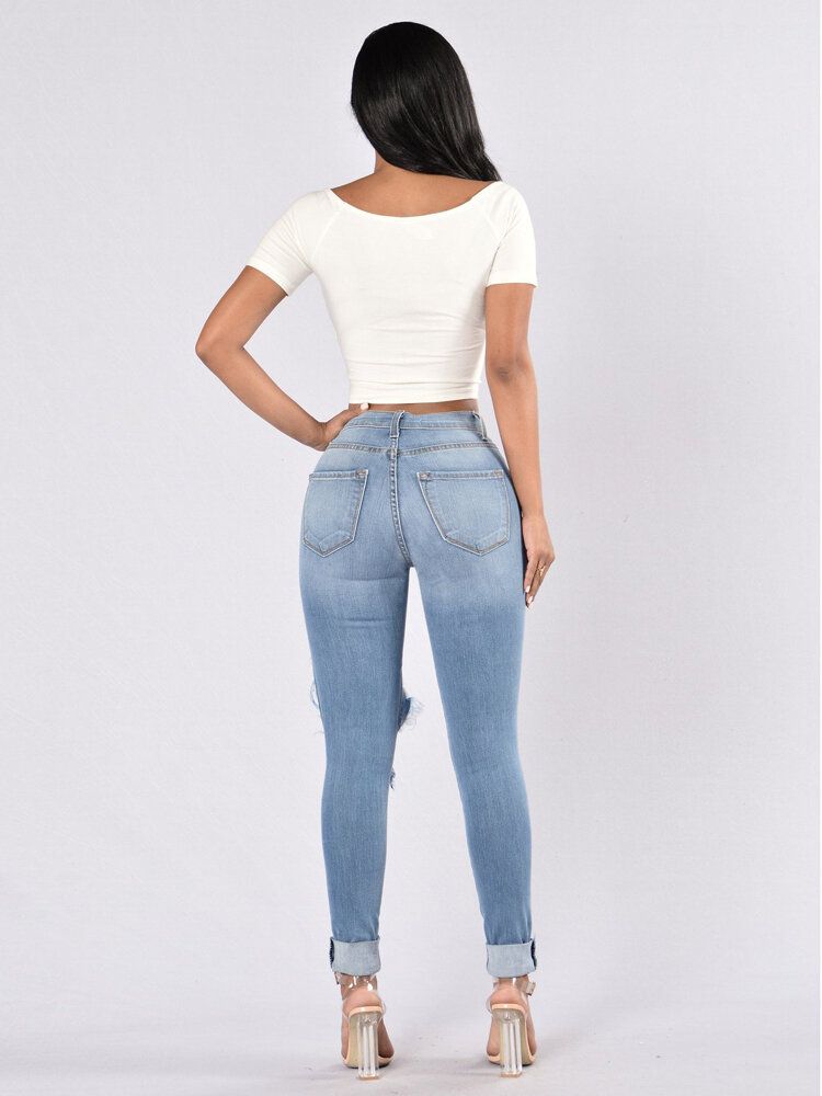 Jeans De Mezclilla Largos Rasgados Con Bolsillos Casuales Para Mujer