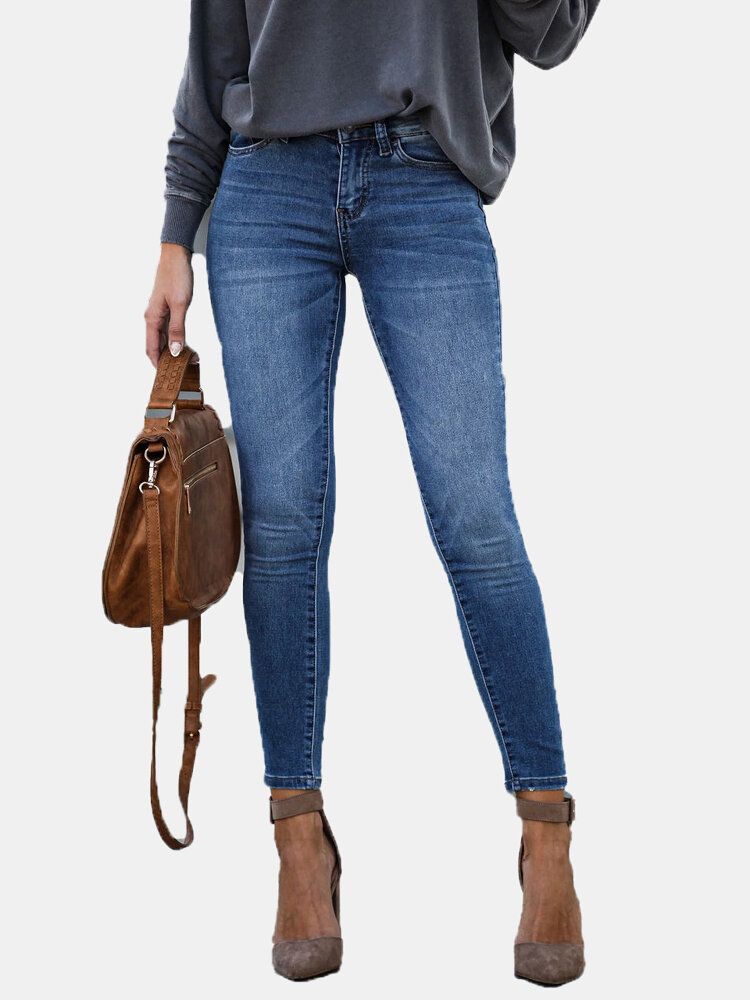 Jeans De Mezclilla Largos Y Delgados Con Cremallera Informal Para Mujer