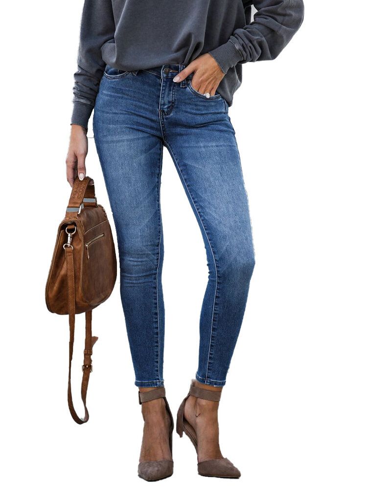 Jeans De Mezclilla Largos Y Delgados Con Cremallera Informal Para Mujer