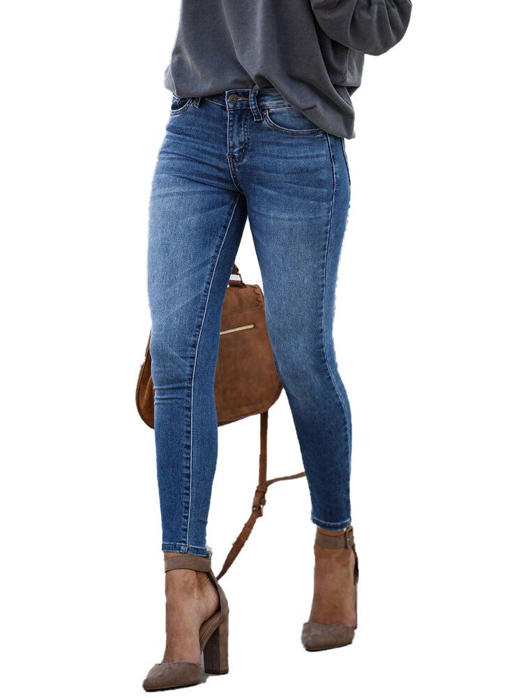 Jeans De Mezclilla Largos Y Delgados Con Cremallera Informal Para Mujer