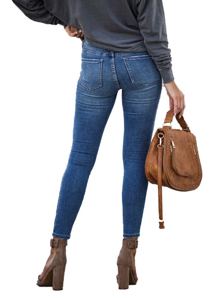 Jeans De Mezclilla Largos Y Delgados Con Cremallera Informal Para Mujer