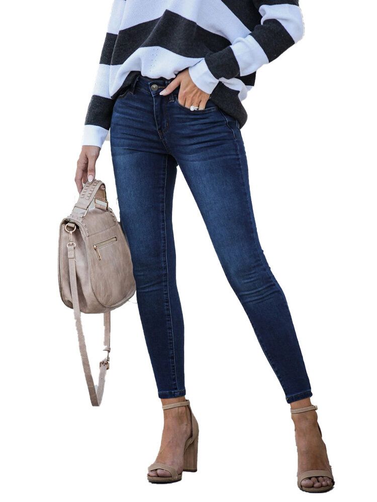 Jeans De Mezclilla Largos Y Delgados Con Cremallera Informal Para Mujer