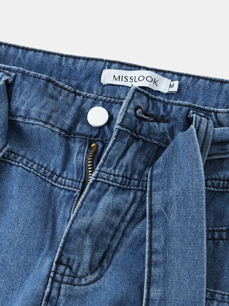 Jeans De Pierna Ancha De Cintura Media Con Cordones Y Cremallera Informal Para Mujer Con Bolsillo