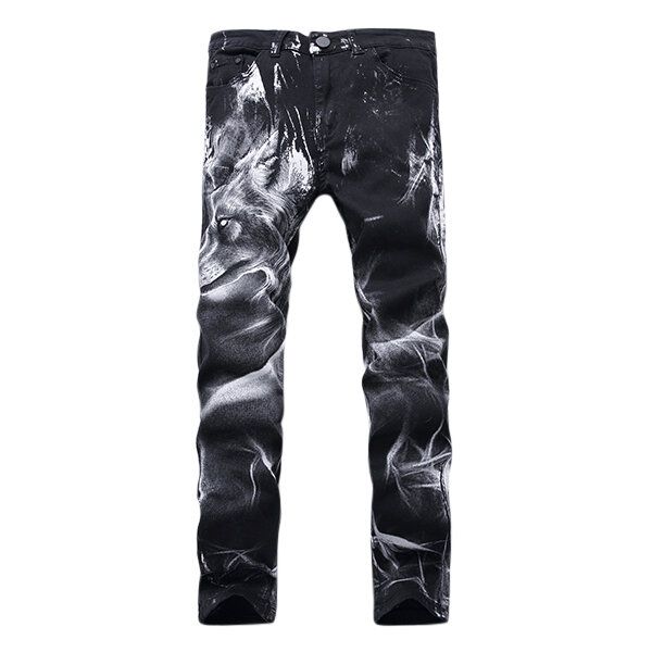 Moda Para Hombre Lobo Impresión Negro Pierna Recta Denim Pantalones Largos Jeans Tamaño Ee. Uu. 30-40