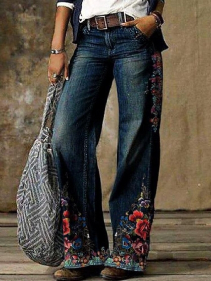 Mujeres Casual Flores Estampado Casual Elegante Jeans Con Bolsillos