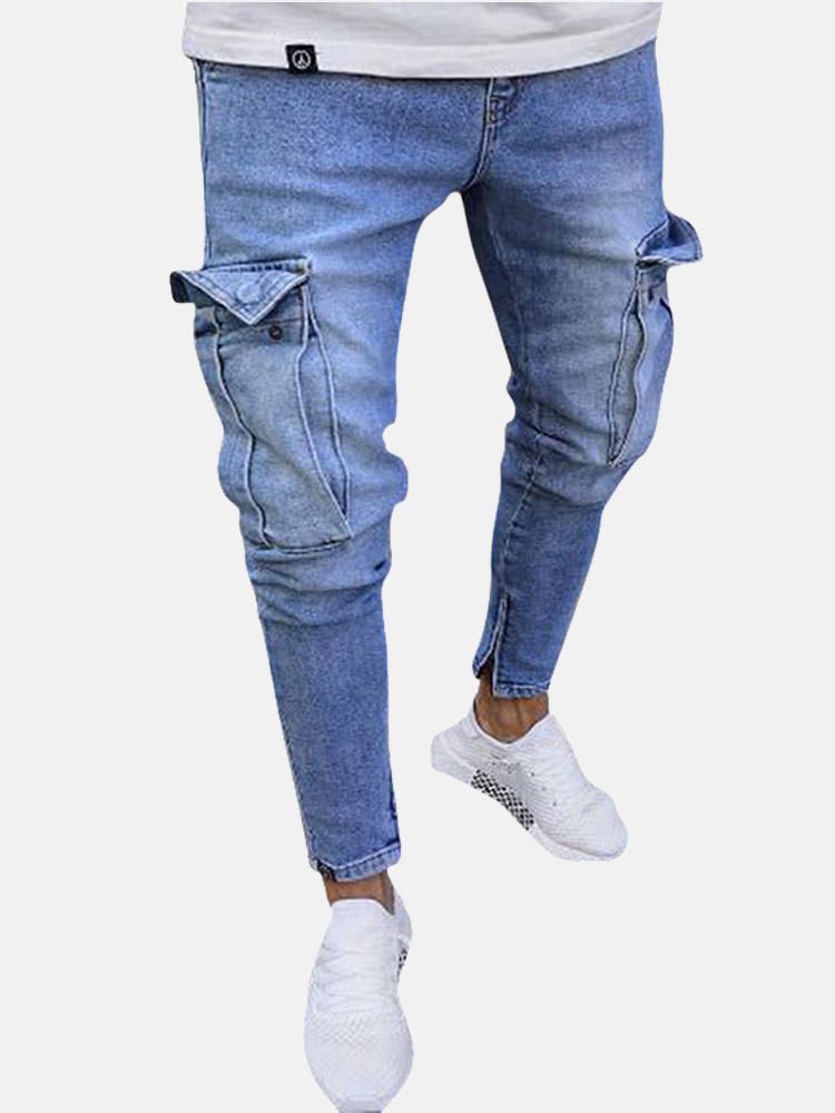 Pantalones De Mezclilla Con Múltiples Bolsillos De Algodón Para Hombre Pantalones Vaqueros Rasgados Casuales