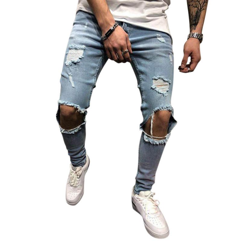 Pantalones De Mezclilla Para Hombre Agujeros Jeans De Tiro Medio De Moda Delgada