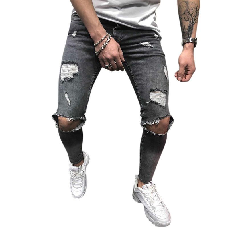 Pantalones De Mezclilla Para Hombre Agujeros Jeans De Tiro Medio De Moda Delgada