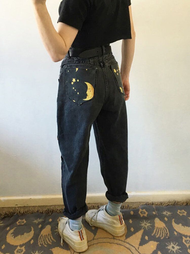 Pantalones Vaqueros De Cintura Alta Con Estampado De Luna Y Sol De Disco De Dibujos Animados Para Mujer