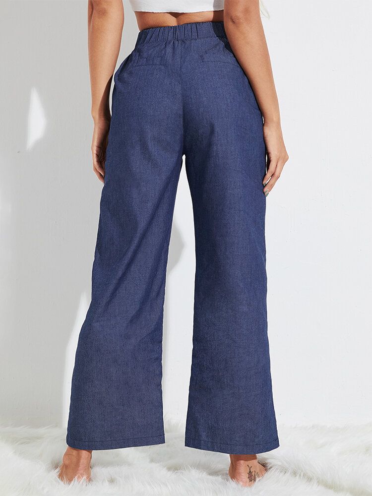 Pantalones Vaqueros De Cintura Media Con Cordón De Color Sólido Para Mujer Pantalones Anchos Casuales Con Bolsillo