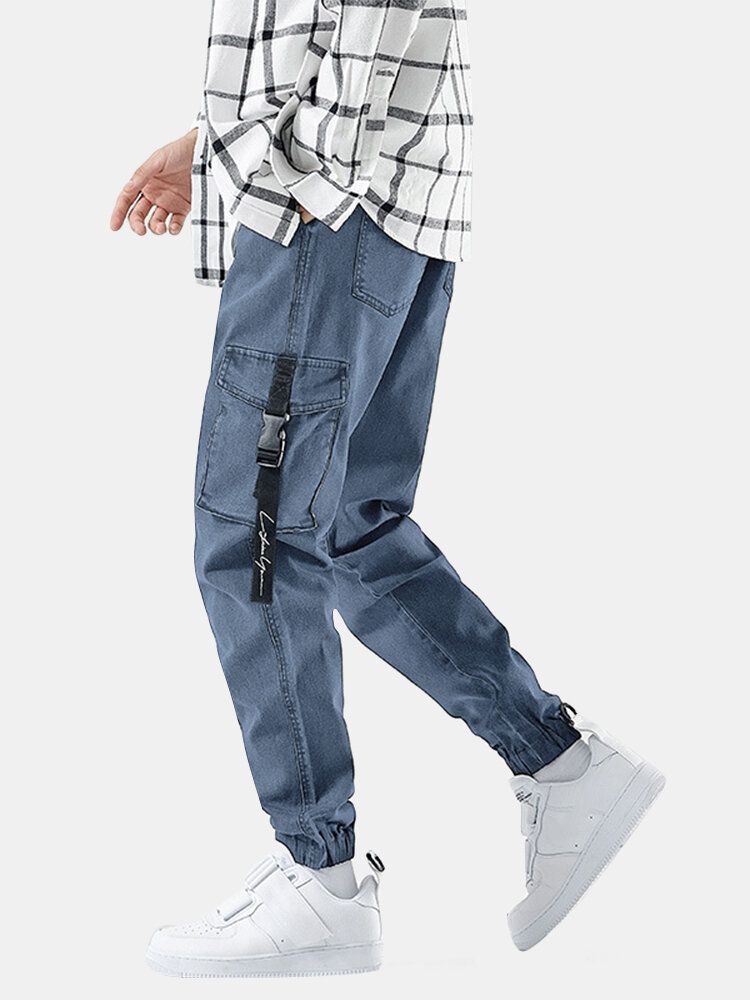 Pantalones Vaqueros Con Puños Elásticos Casuales Con Múltiples Bolsillos Para Hombre Con Cordón Con Viga Pies