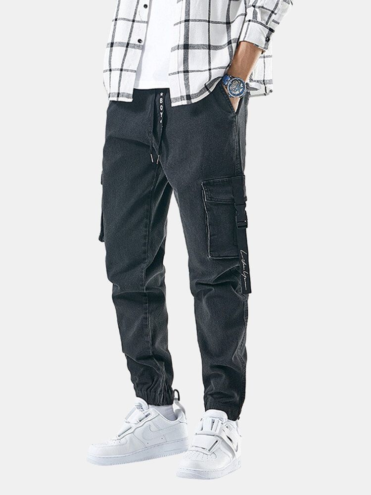 Pantalones Vaqueros Con Puños Elásticos Casuales Con Múltiples Bolsillos Para Hombre Con Cordón Con Viga Pies