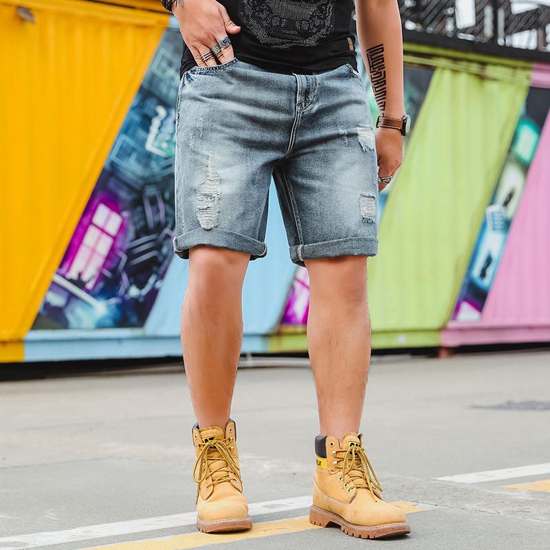 Summer Talla Grande Retro Nostalgic Fashion Ripped Holed Short Jeans Para Hombres