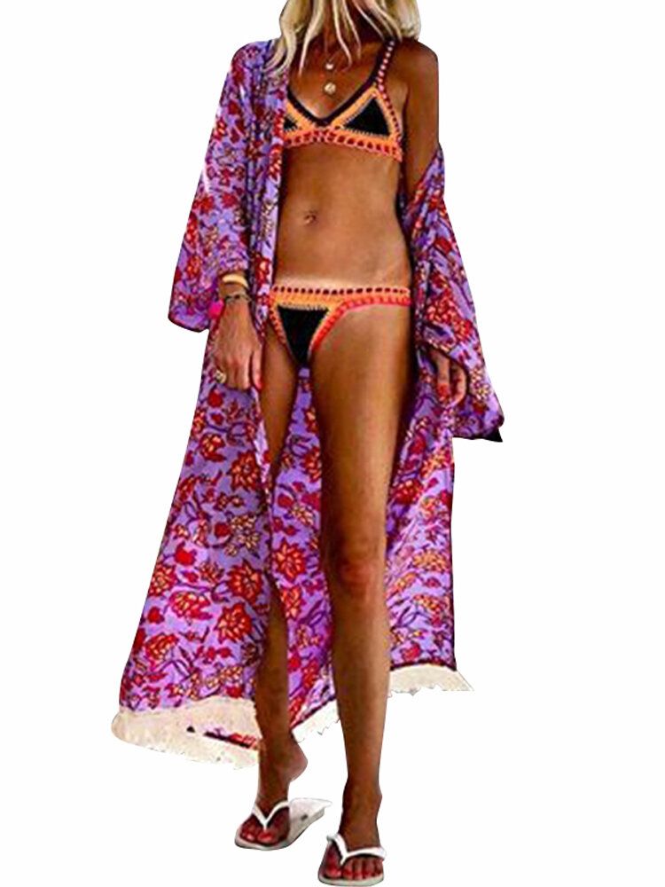 Cárdigans Largos Con Estampado Floral De Verano Frente Abierto Para Playa Para Mujer