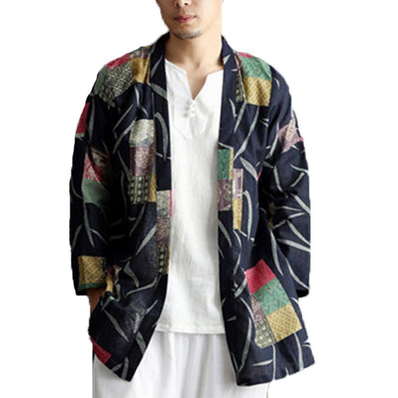 Chaqueta De Punto De Kimono De Lino Nacional Informal Para Hombre Abrigo Streetwear Chaqueta Suelta Abierta