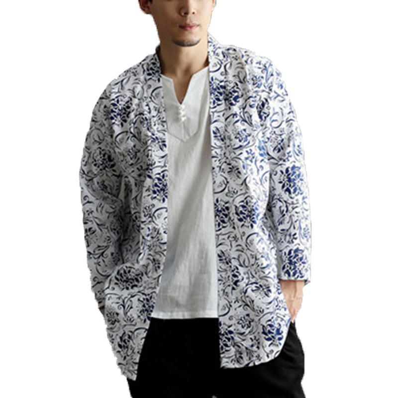 Chaqueta De Punto De Kimono De Lino Nacional Informal Para Hombre Abrigo Streetwear Chaqueta Suelta Abierta