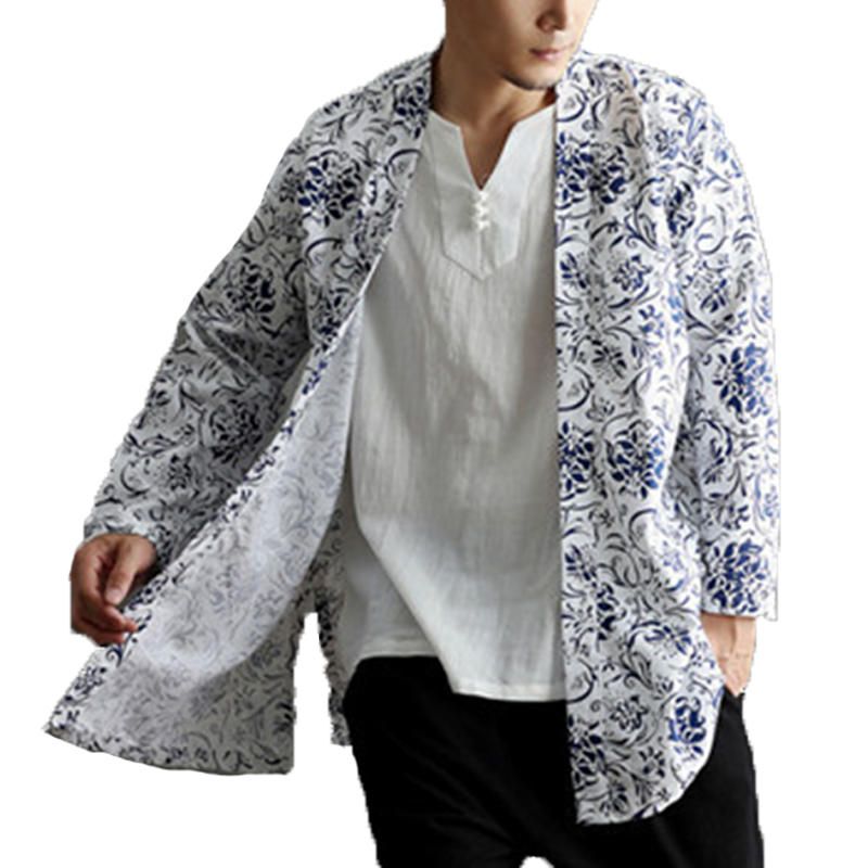 Chaqueta De Punto De Kimono De Lino Nacional Informal Para Hombre Abrigo Streetwear Chaqueta Suelta Abierta