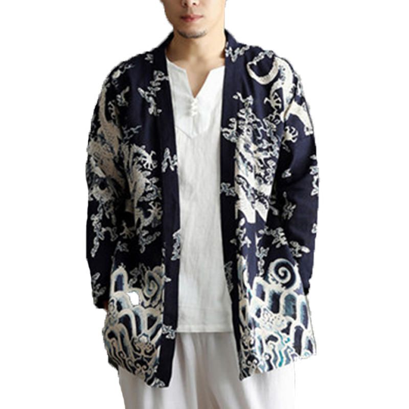 Chaqueta De Punto De Kimono De Lino Nacional Informal Para Hombre Abrigo Streetwear Chaqueta Suelta Abierta