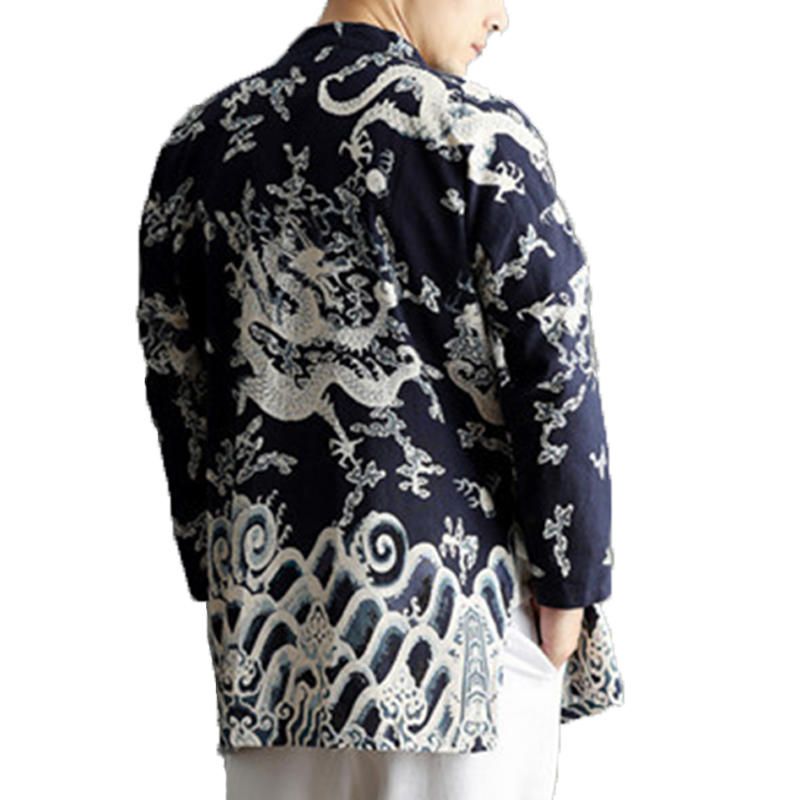 Chaqueta De Punto De Kimono De Lino Nacional Informal Para Hombre Abrigo Streetwear Chaqueta Suelta Abierta