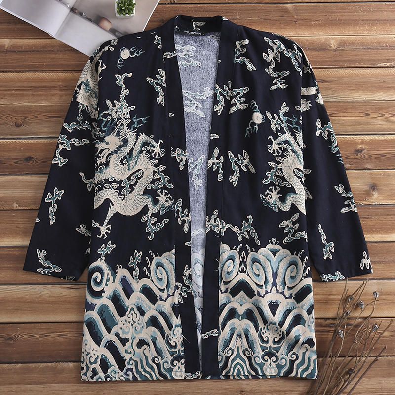 Chaqueta De Punto De Kimono De Lino Nacional Informal Para Hombre Abrigo Streetwear Chaqueta Suelta Abierta