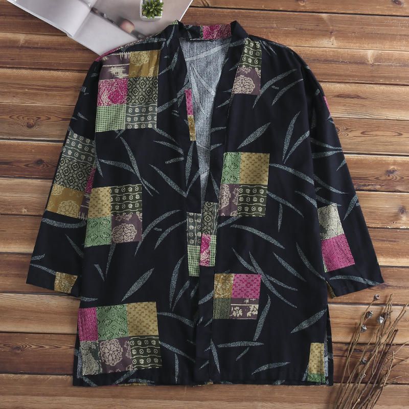 Chaqueta De Punto De Kimono De Lino Nacional Informal Para Hombre Abrigo Streetwear Chaqueta Suelta Abierta