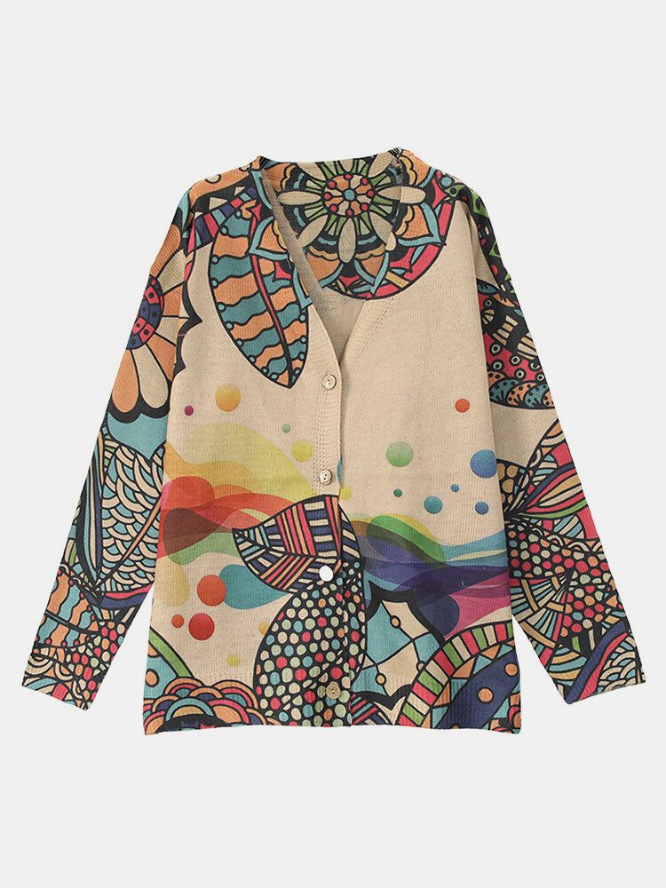 Mujeres Casual Vintage Estampado Étnico Dibujos Animados Flojos Cuello En V Botón Cardigans Abrigos