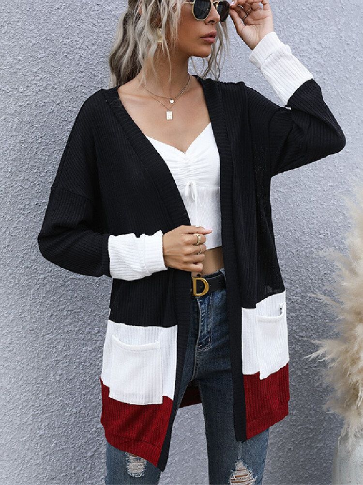 Suéter Tipo Cárdigan De Punto Casual De Manga Larga Con Patchwork Colorblock Para Mujer Con Bolsillo