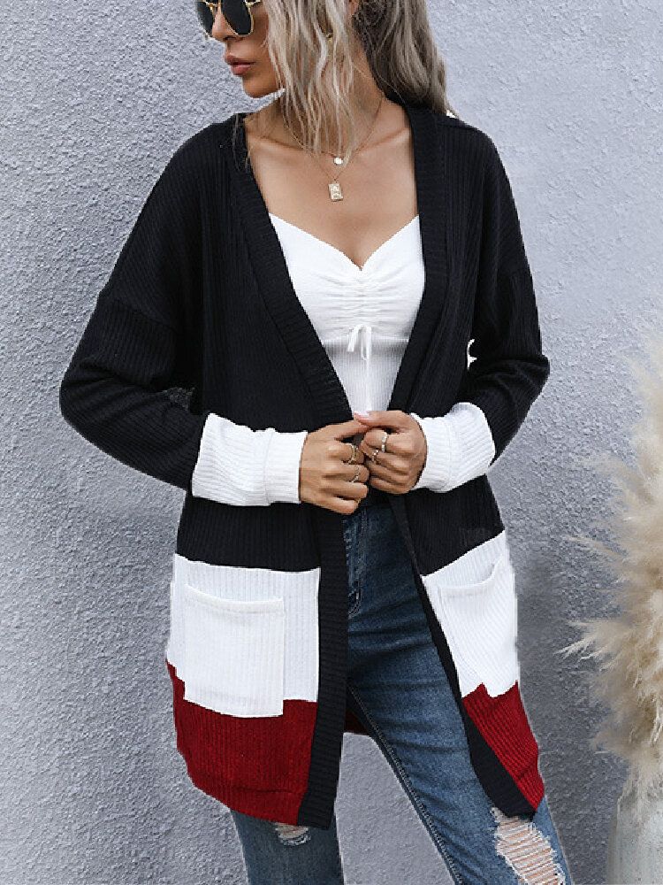 Suéter Tipo Cárdigan De Punto Casual De Manga Larga Con Patchwork Colorblock Para Mujer Con Bolsillo