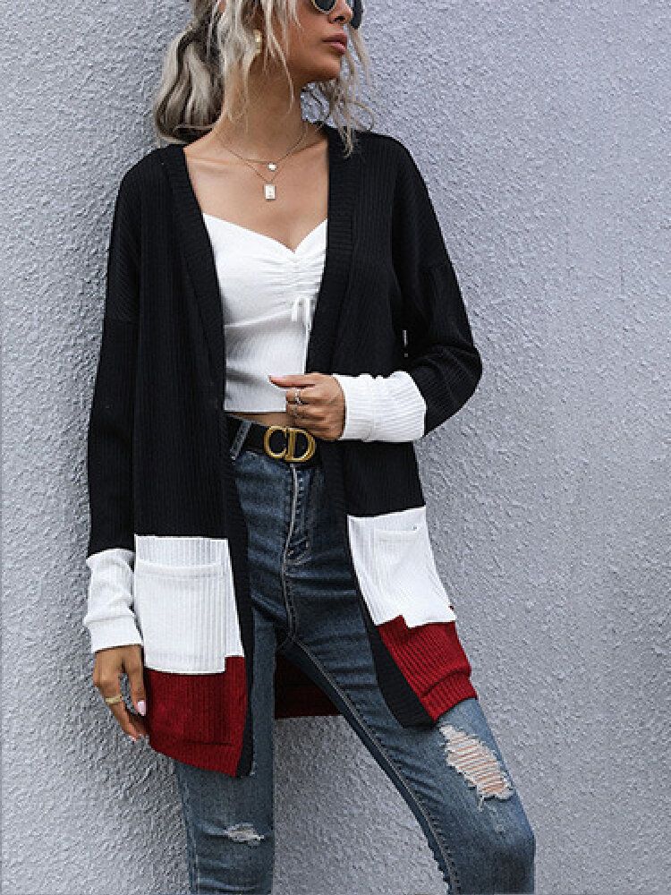 Suéter Tipo Cárdigan De Punto Casual De Manga Larga Con Patchwork Colorblock Para Mujer Con Bolsillo