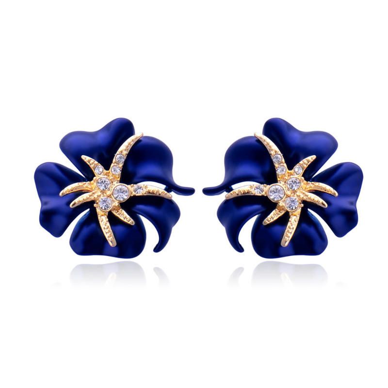 1 Par De Elegantes Pendientes De Botón De Diamantes De Imitación Dorados Con Flores Azules Y Rojas Brillantes