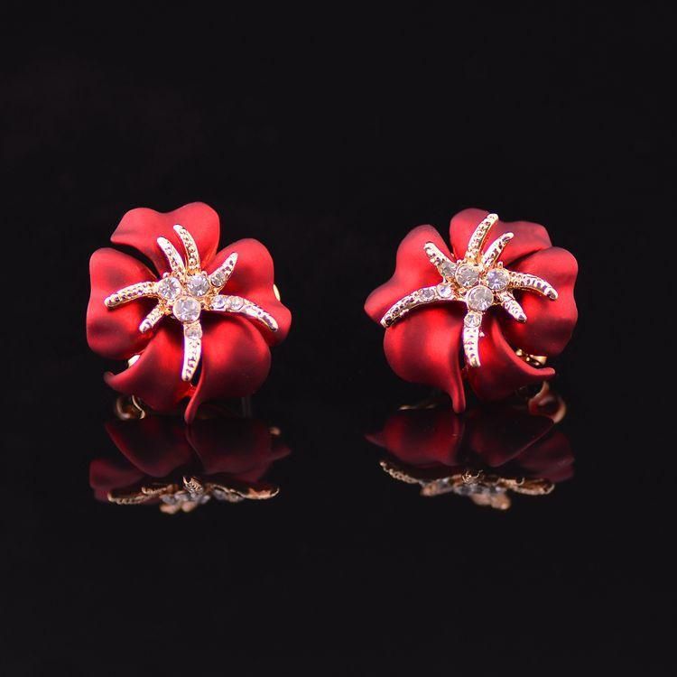 1 Par De Elegantes Pendientes De Botón De Diamantes De Imitación Dorados Con Flores Azules Y Rojas Brillantes