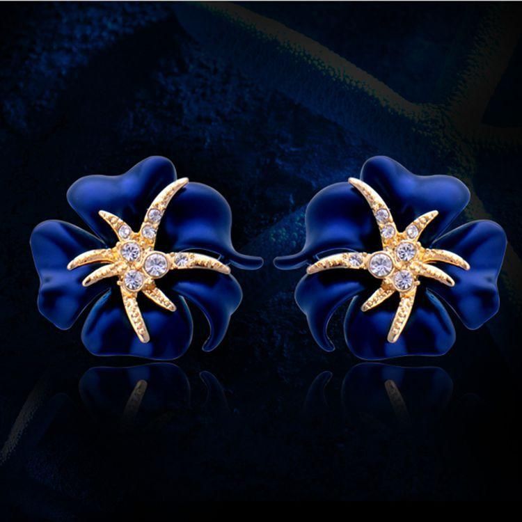 1 Par De Elegantes Pendientes De Botón De Diamantes De Imitación Dorados Con Flores Azules Y Rojas Brillantes