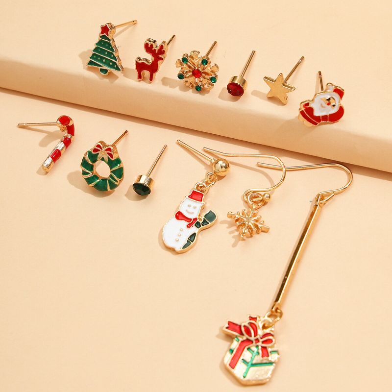 12 Piezas De Pendientes De Navidad Set Árbol De Navidad Copo De Nieve Santa Claus Alces Regalo