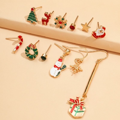 12 Piezas De Pendientes De Navidad Set Árbol De Navidad Copo De Nieve Santa Claus Alces Regalo