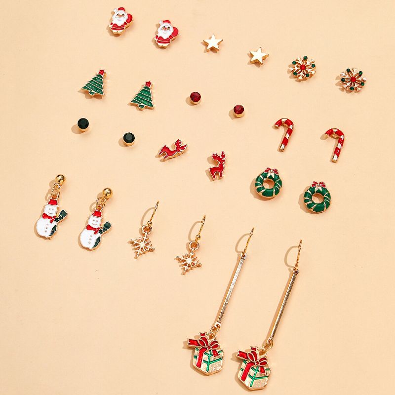 12 Piezas De Pendientes De Navidad Set Árbol De Navidad Copo De Nieve Santa Claus Alces Regalo