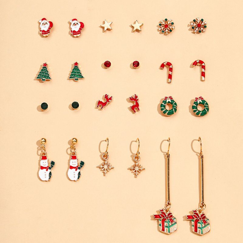 12 Piezas De Pendientes De Navidad Set Árbol De Navidad Copo De Nieve Santa Claus Alces Regalo