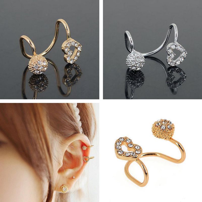 1pc Crystal Hollow Heart Pendiente Redondo Clip Ear Cuff Para Mujeres