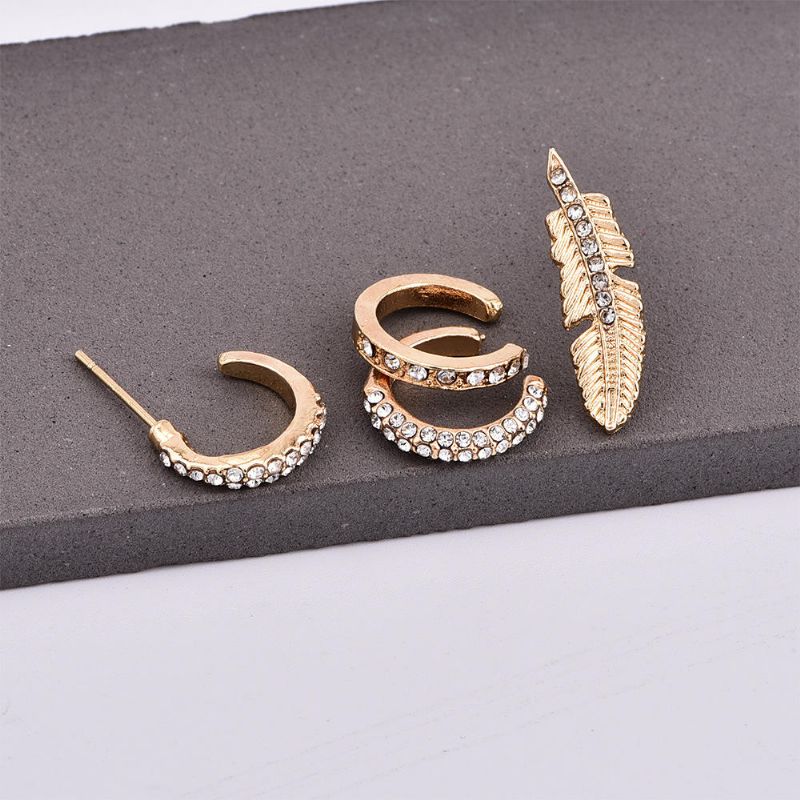 4pcs Juego De Aretes De Diamantes De Imitación Clip De Oreja De Oro Pendientes De Botón De Oreja De Hoja Regalo Para Mujeres