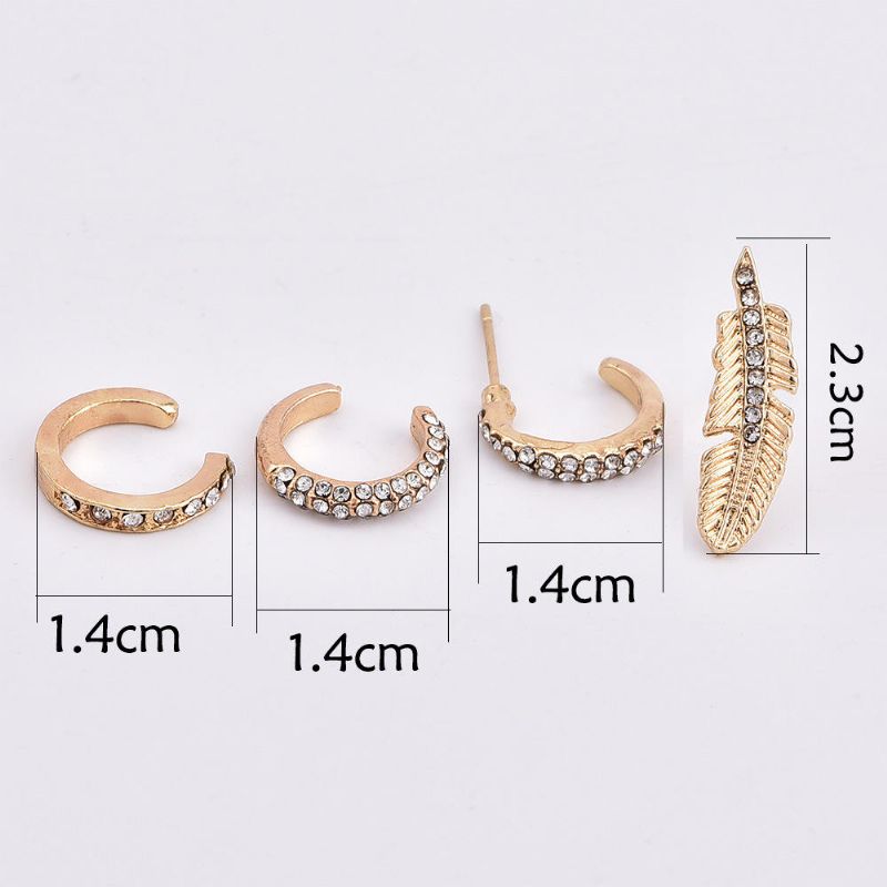 4pcs Juego De Aretes De Diamantes De Imitación Clip De Oreja De Oro Pendientes De Botón De Oreja De Hoja Regalo Para Mujeres