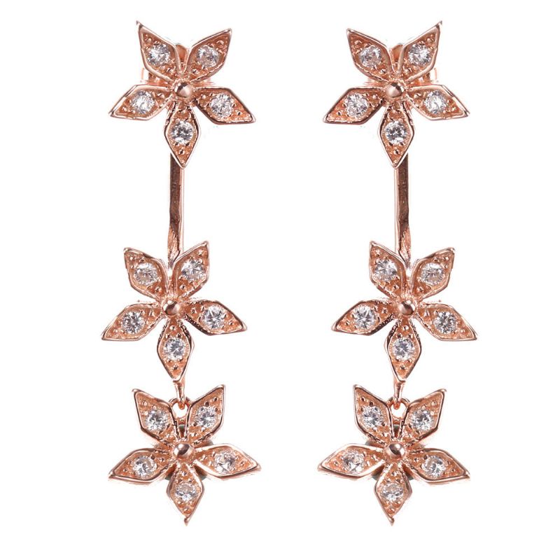 925 Pendientes De Flores De Plata Esterlina Deslumbrante Zirconia Gota De Oreja De Oro Rosa Para Mujer