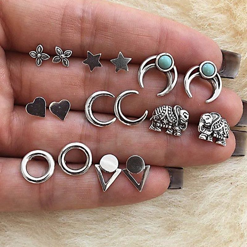 Conjunto De Aretes Vintage De Combinación Múltiple Para Mujer Kit De Pendientes De Gota De Agua Con Corona De Luna Y Flor De Montaje En Turquesa