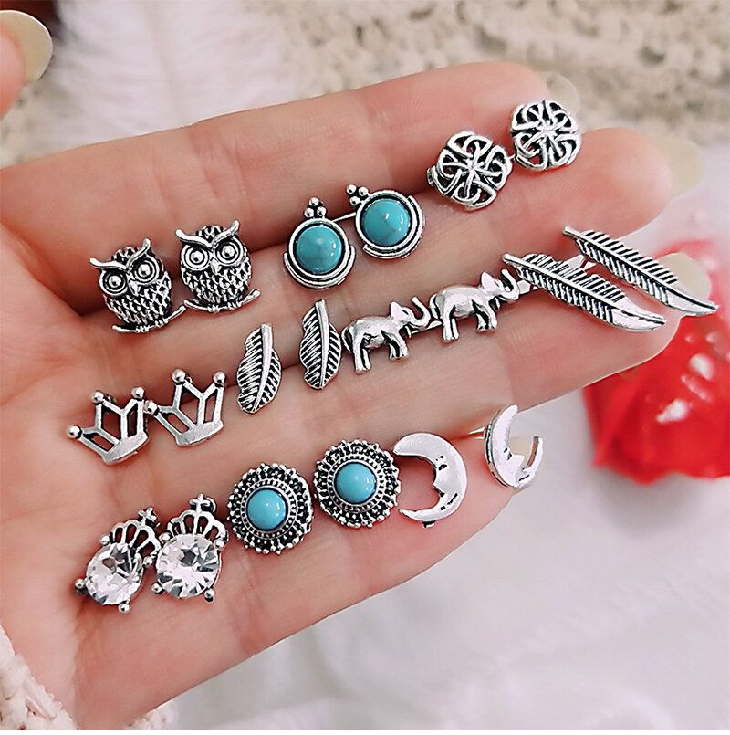 Conjunto De Aretes Vintage De Combinación Múltiple Para Mujer Kit De Pendientes De Gota De Agua Con Corona De Luna Y Flor De Montaje En Turquesa