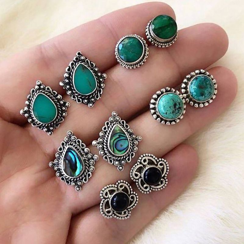 Conjunto De Aretes Vintage De Combinación Múltiple Para Mujer Kit De Pendientes De Gota De Agua Con Corona De Luna Y Flor De Montaje En Turquesa