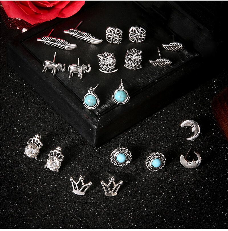 Conjunto De Aretes Vintage De Combinación Múltiple Para Mujer Kit De Pendientes De Gota De Agua Con Corona De Luna Y Flor De Montaje En Turquesa