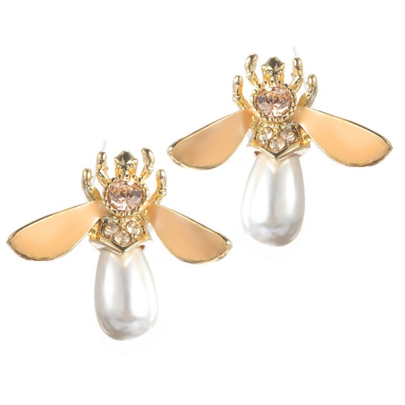 Cute Bees Ear Stud Joyas De Perlas De Piedras Preciosas Chapadas En Oro De Lujo Para Mujeres