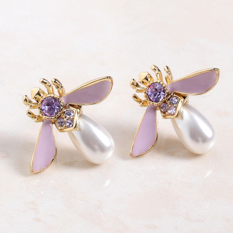 Cute Bees Ear Stud Joyas De Perlas De Piedras Preciosas Chapadas En Oro De Lujo Para Mujeres