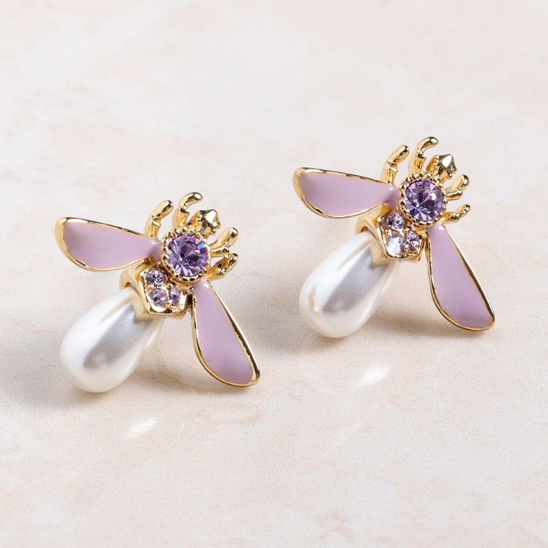 Cute Bees Ear Stud Joyas De Perlas De Piedras Preciosas Chapadas En Oro De Lujo Para Mujeres