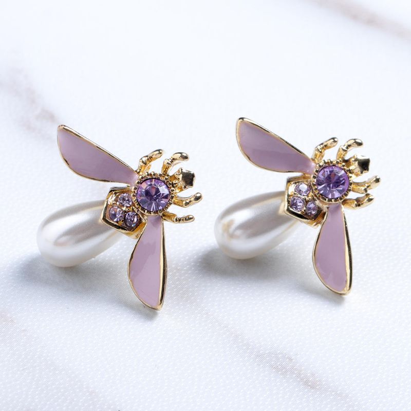 Cute Bees Ear Stud Joyas De Perlas De Piedras Preciosas Chapadas En Oro De Lujo Para Mujeres