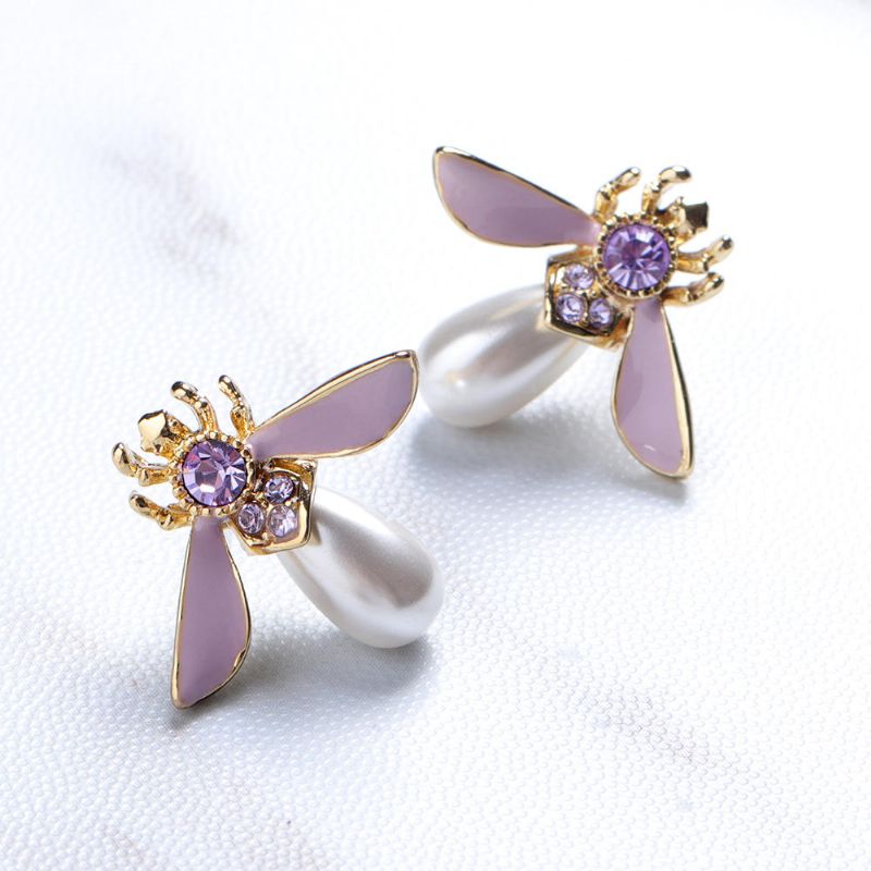 Cute Bees Ear Stud Joyas De Perlas De Piedras Preciosas Chapadas En Oro De Lujo Para Mujeres