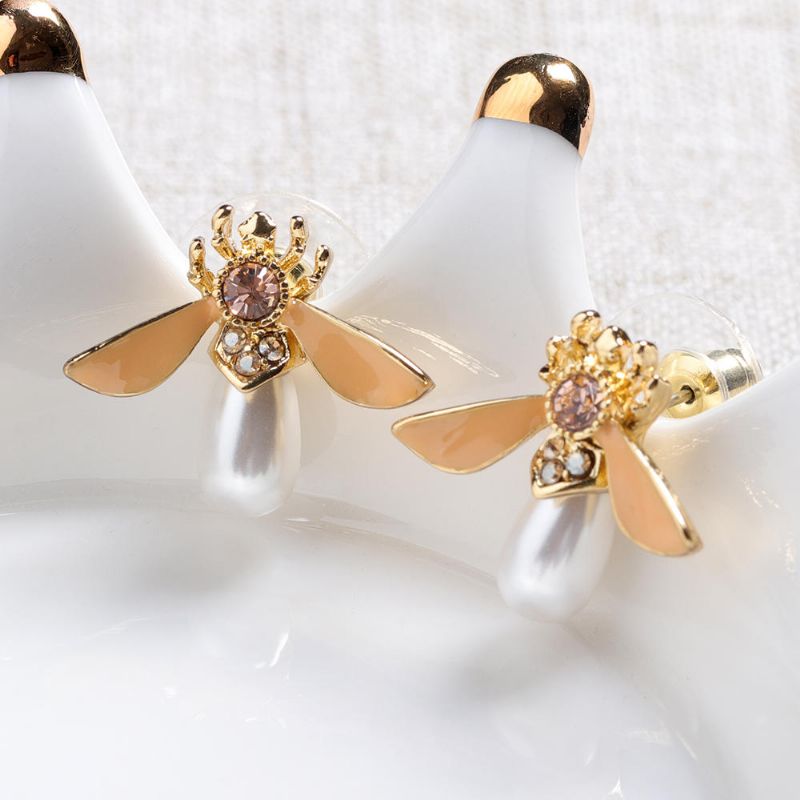 Cute Bees Ear Stud Joyas De Perlas De Piedras Preciosas Chapadas En Oro De Lujo Para Mujeres